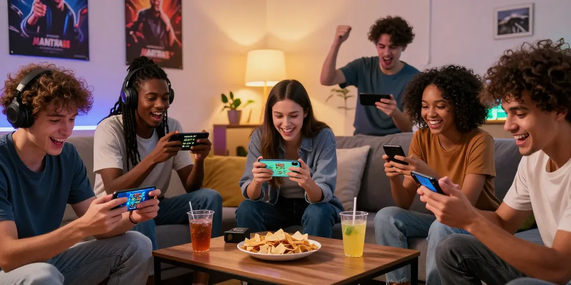 Friends enjoying MANTRA88 platform game on smartphones in a vibrant living room.