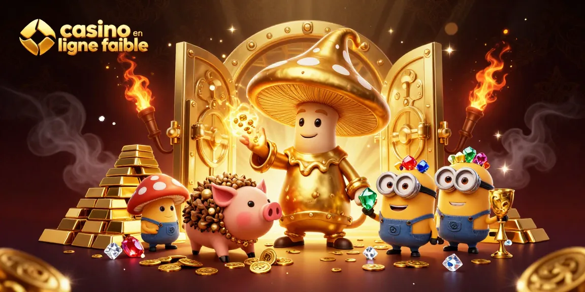 Illustration immersive du casino en ligne fiable montrant un wizard doré, un cochon de truffe et des gemmes scintillantes