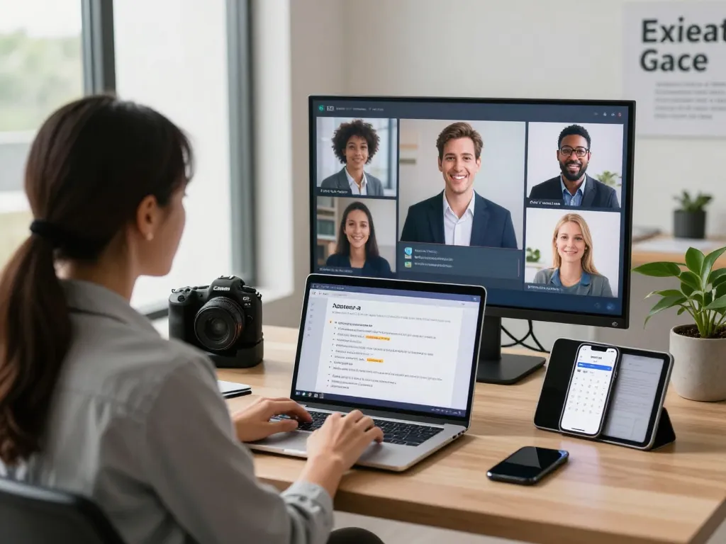 Candidate using ai interview assistant for real-time interview preparation in a modern office.