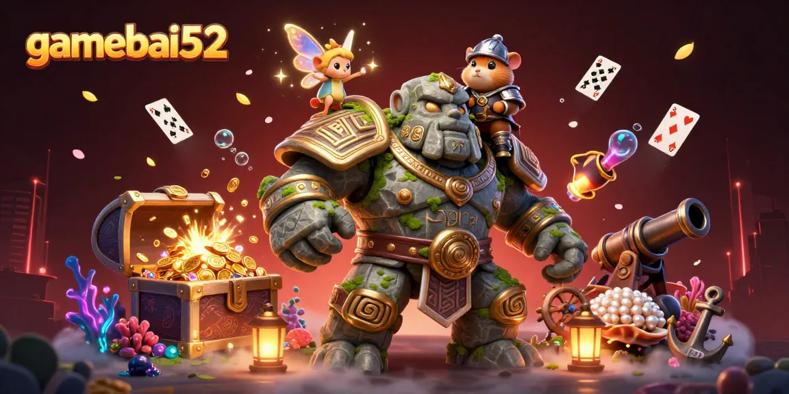 gamebai52 players enjoying a vibrant 3D scene with magical characters and casino elements