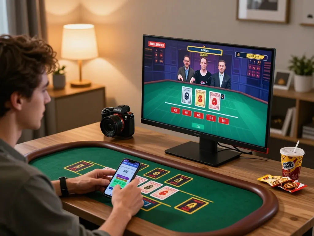 kim99 player engaging with live dealer blackjack at home, showcasing interactive gaming.