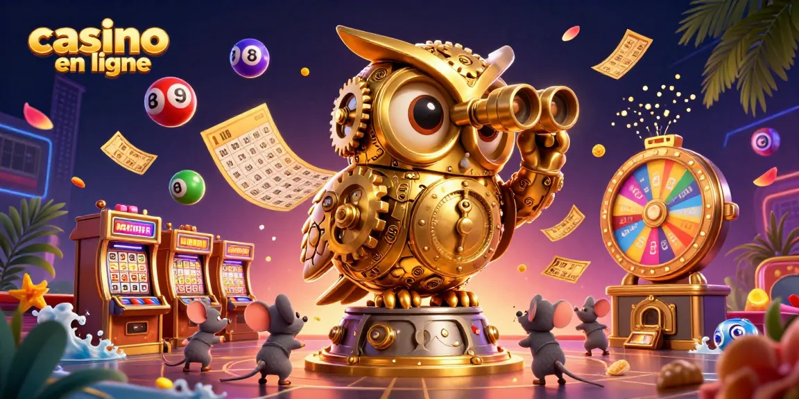 Visitez le casino en ligne avec un hibou doré tournant et des boules de loterie colorées sur un fond dynamique.