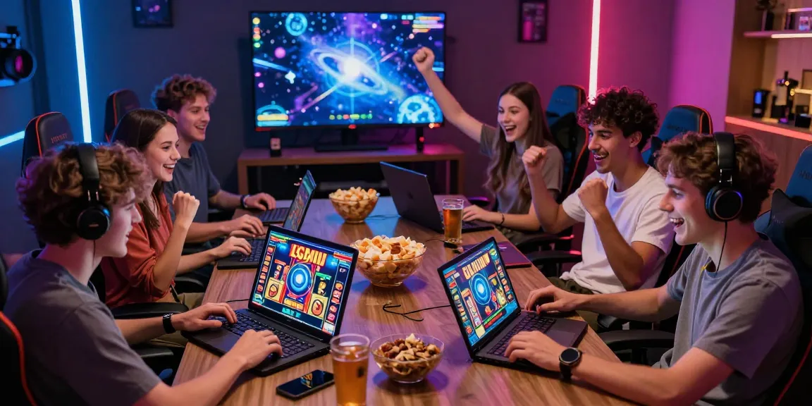 Friends celebrating a big win in an exciting spaceman-themed online gaming environment with vibrant decor and modern setup.