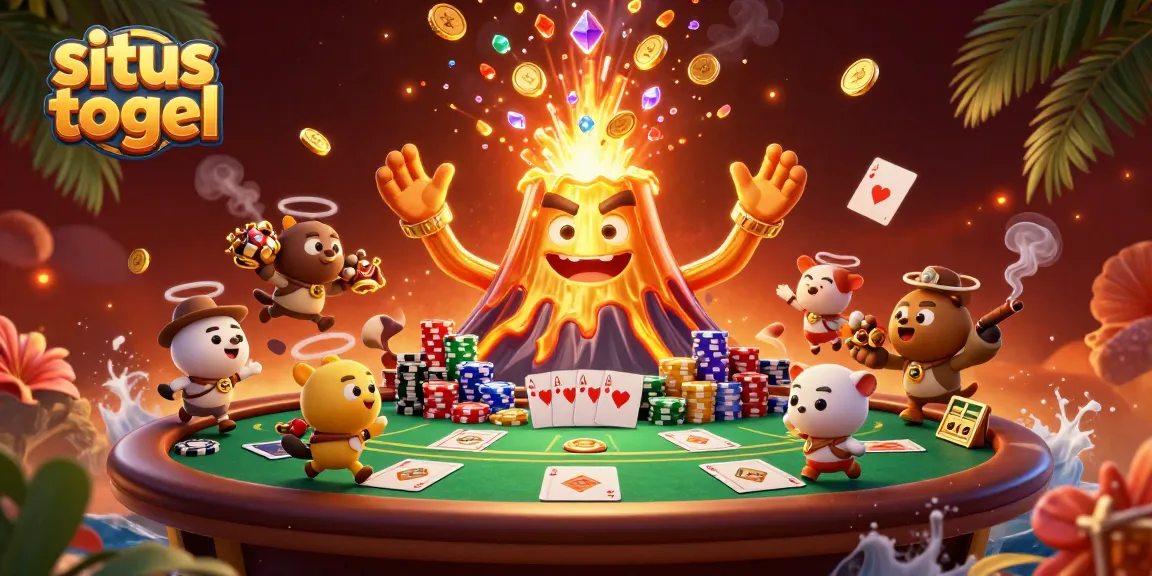 Visualisasi situs togel dengan gunung berapi emas yang memuntahkan koin dan harta karun.