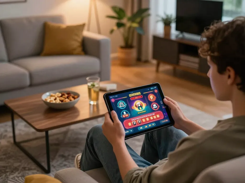 Engaged player using the tr88 app in a cozy home setup, showcasing online gaming excitement.
