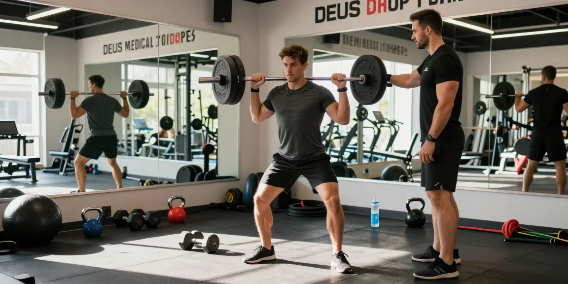 Athlete working out with weights at the Deus Medical Shop gym, showing dedication to fitness and muscle building.