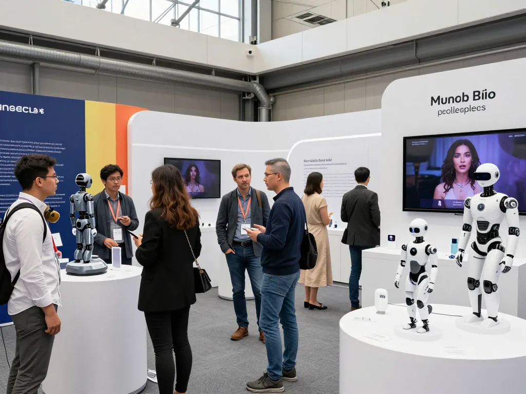 AI sex technology exhibition with interactive displays and diverse attendees exploring innovations in intimacy.