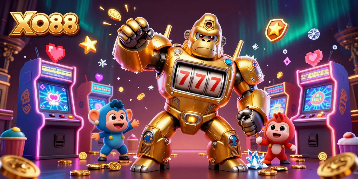 Join the excitement of XO88 with a dynamic casino scene featuring a golden gorilla mech and arcade elements.