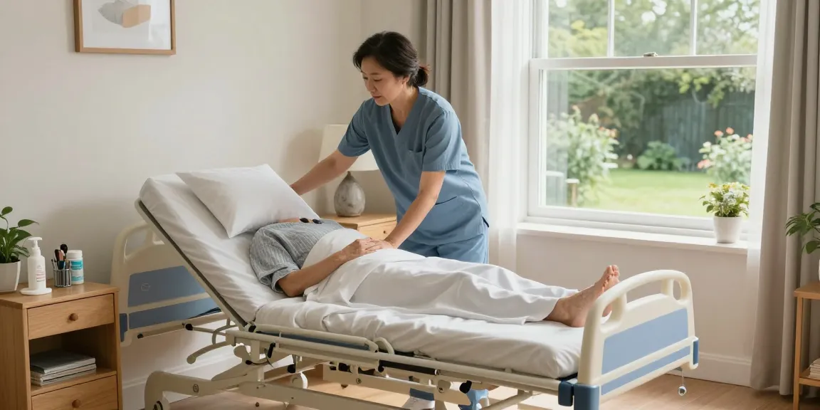 Electric nursing bed adjustment by caregiver in a cozy bedroom setting.