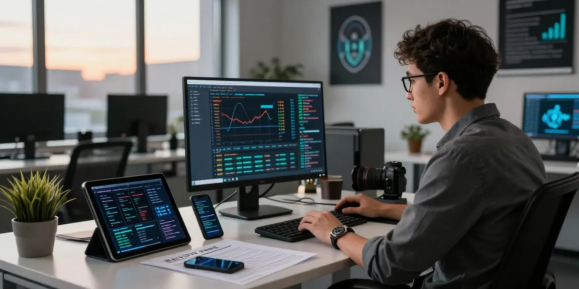 Expert analyzing data to recover stolen cryptocurrency in a tech office.