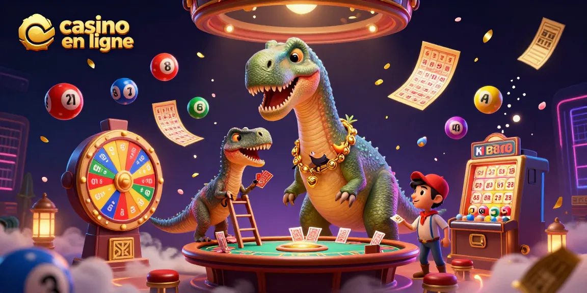 Jeu de casino en ligne avec un brontosaure géant et un rapace distribuant des cartes.