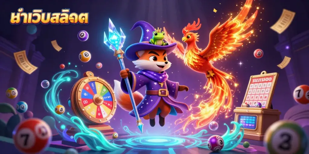 Engaging scene showing หน้าเว็บสล็อต with magical characters and dynamic lottery elements.