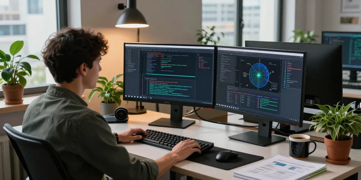 Engineer coding OpenClaw AI on dual monitors in a modern workspace with vibrant plants.
