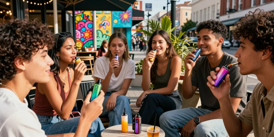 Group of friends enjoying Flum vape devices in a vibrant urban setting during an outdoor gathering.