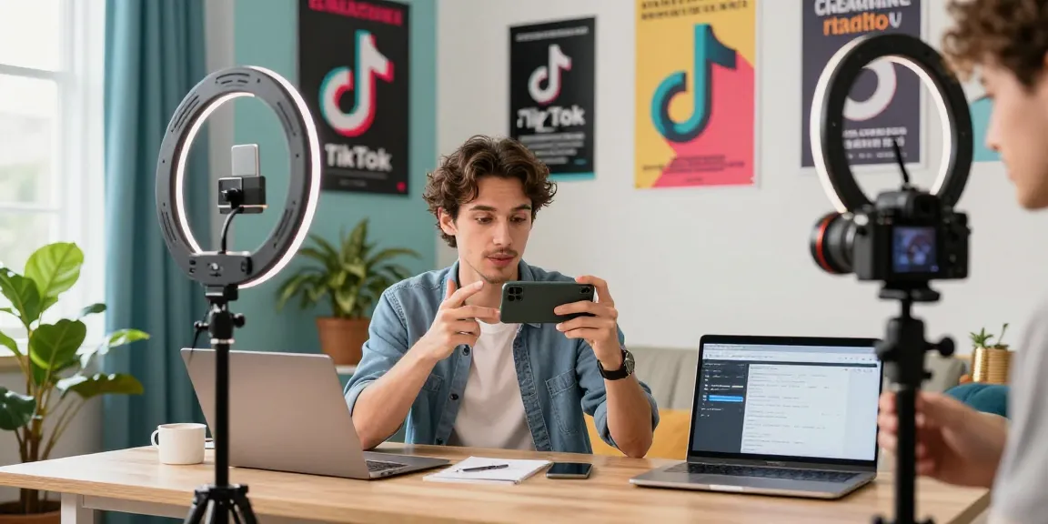 Engaging TikTok growth strategy scene showcasing an influencer filming content in a vibrant home studio.