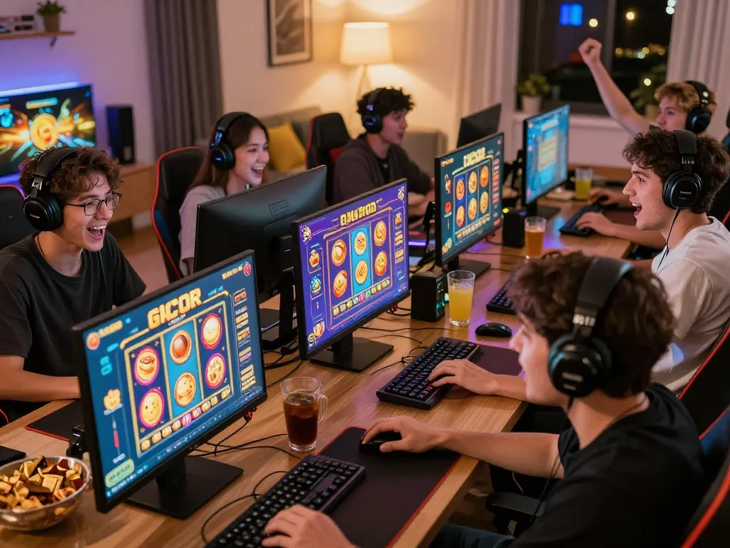 Engaged players discovering slot gacor games in a lively gaming room setting, showcasing excitement and interaction.