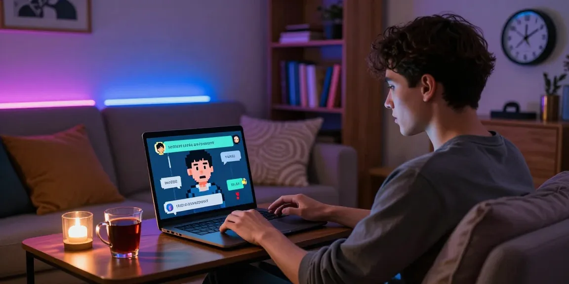 Interacting with NSFW AI chat on a laptop in a dimly-lit, cozy environment, showcasing emotional depth and user engagement.