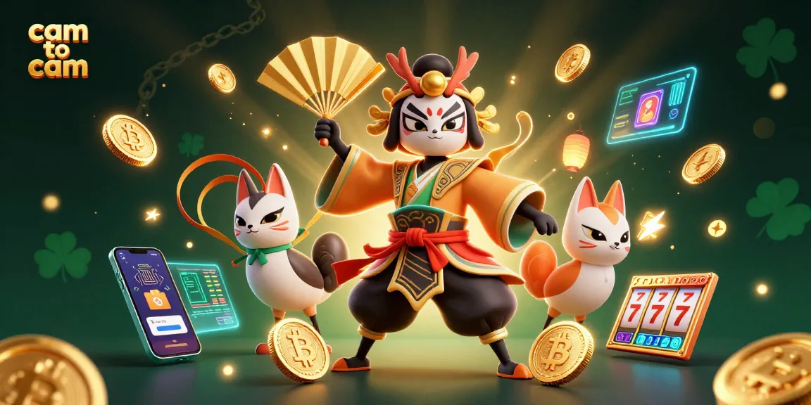 Engage in cam to cam experiences with a vibrant casino scene featuring lively characters and gold coins.