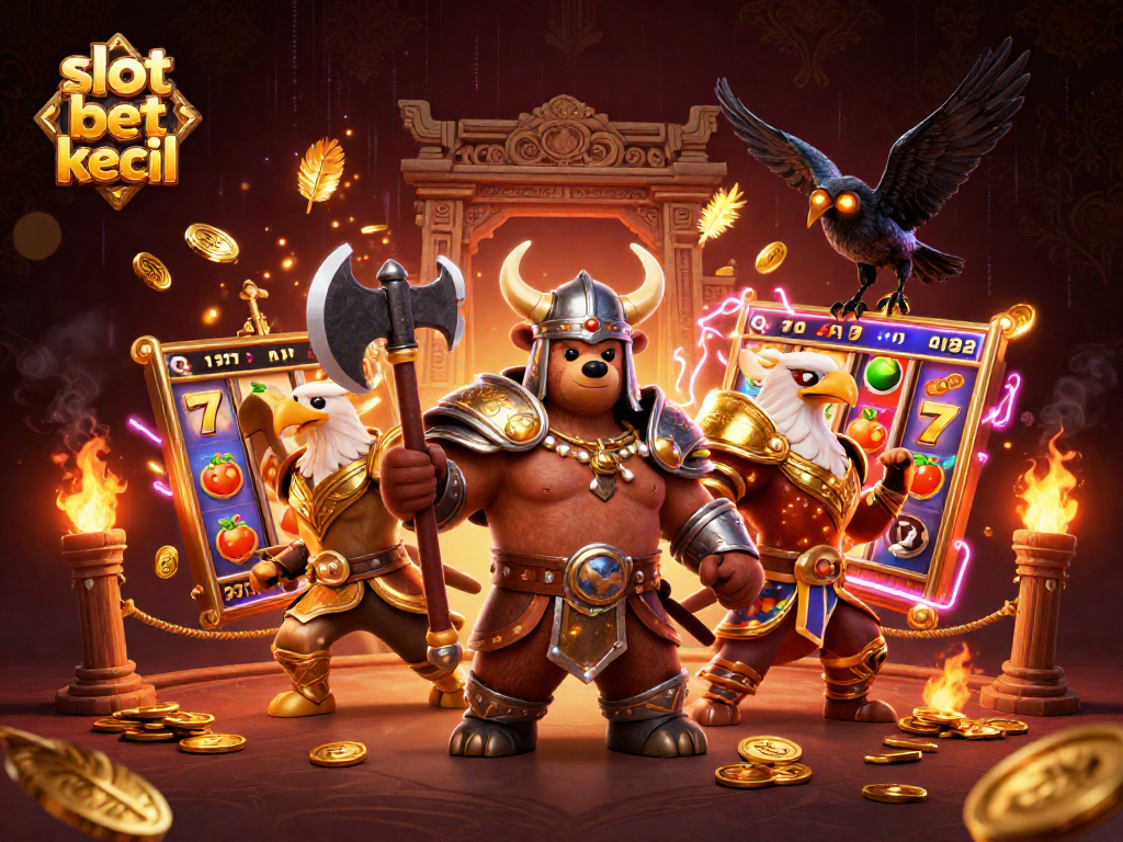 Slot taruhan kecil menarik dengan simbol jackpot di tengah aksi perjudian yang bersemangat.