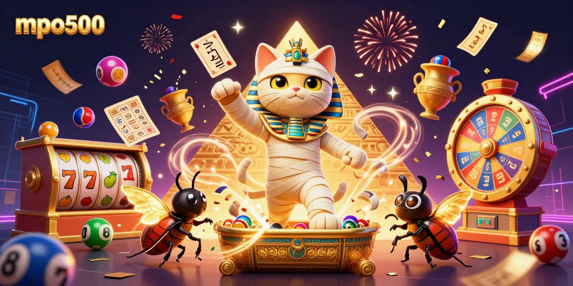 Experience mpo500 adventures with a cartoon mummy cat and golden tickets in a vibrant casino.