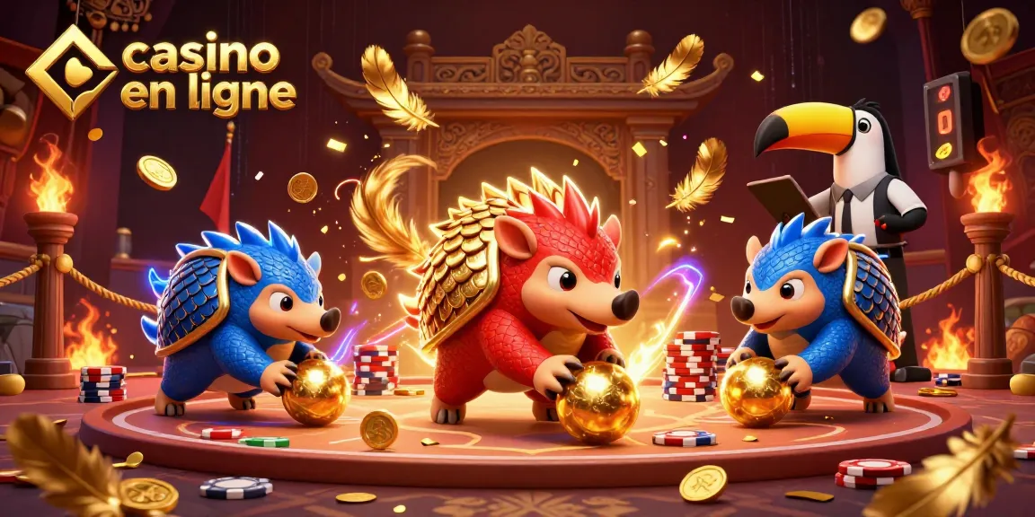 Jouer au casino en ligne avec des pangolins en compétition, entourés de jetons et d'effets de feu.