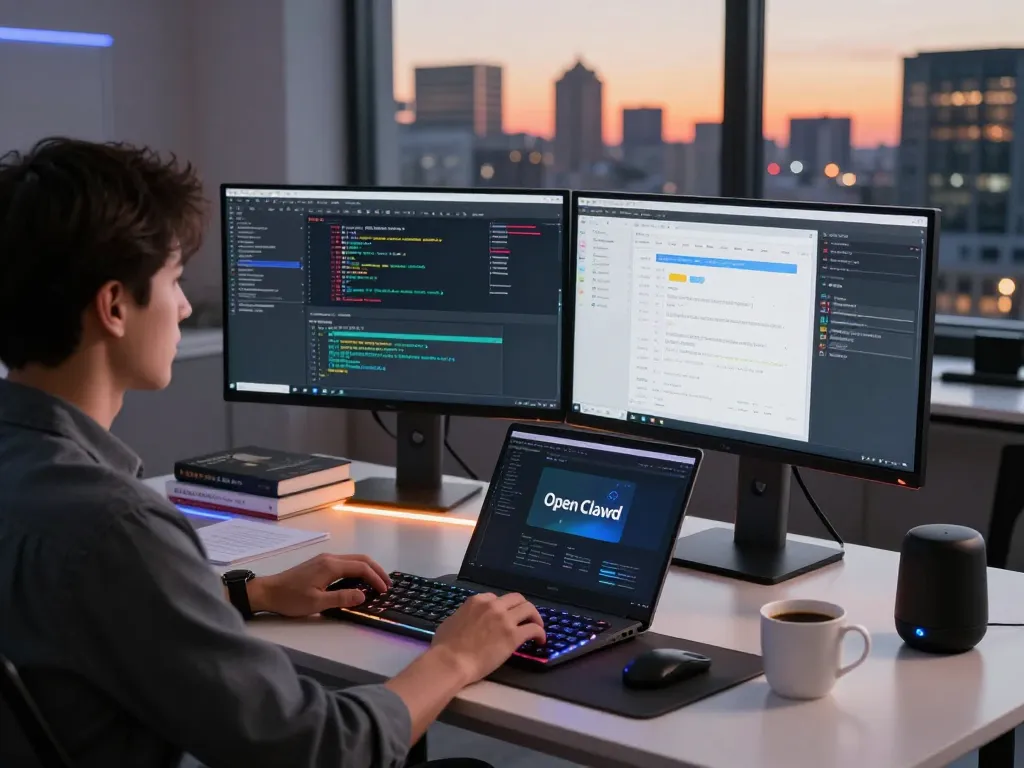 Developer utilizing openclawd software at a modern tech workspace with dual monitors and coffee.