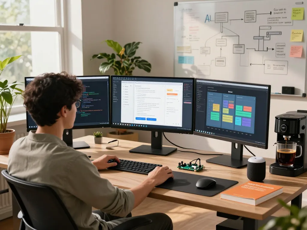 openclawd programming environment with developer coding on multiple screens in innovative workspace