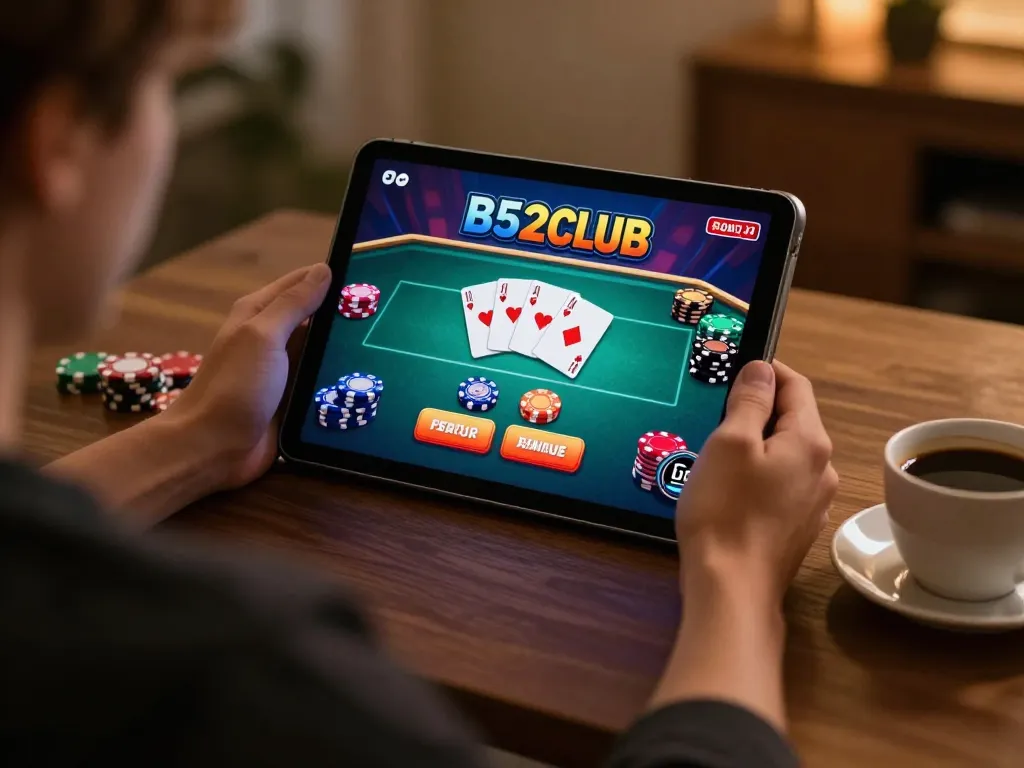 B52club user playing online poker on a tablet in a cozy home setting