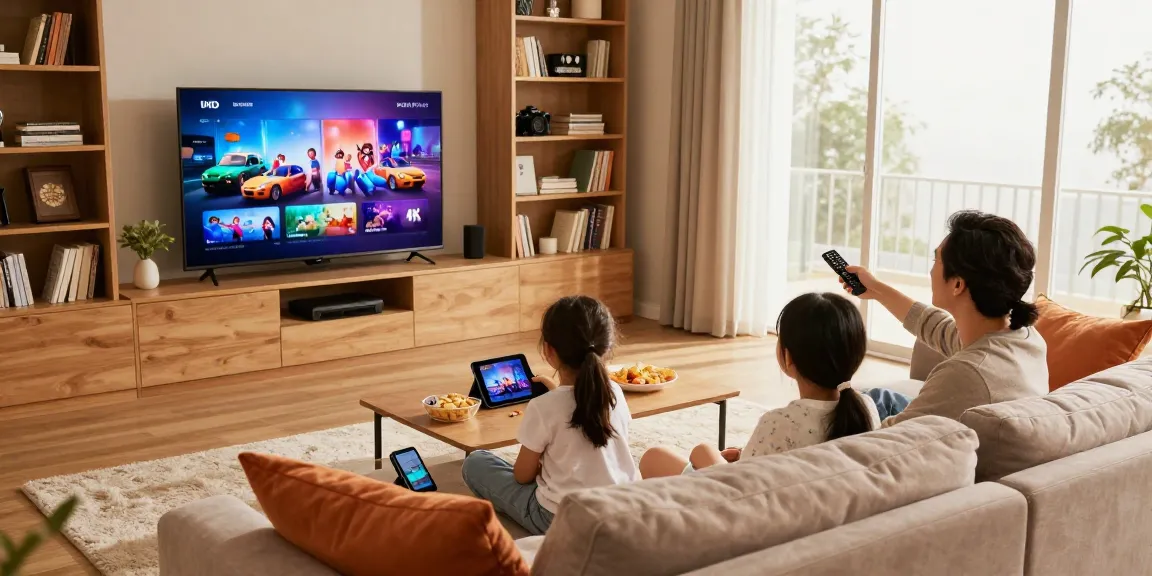 Enjoying Iron TV streaming in HD and 4K with the family in a cozy living room