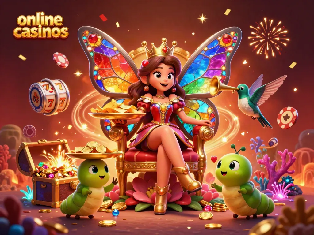 Engage with online casinos in an enchanting scene filled with vibrant elements and symbols.