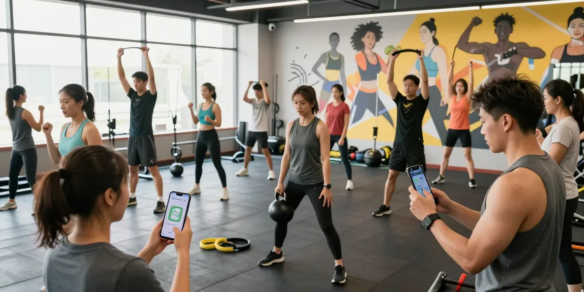 Group exercising in a vibrant gym while using the best macro tracker apps for fitness and nutrition goals