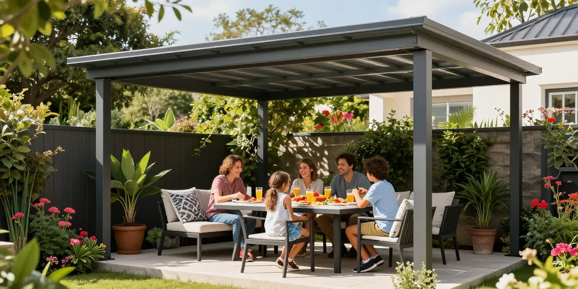 Moderne Terrassenüberdachung mit Familie beim Essen im Garten.