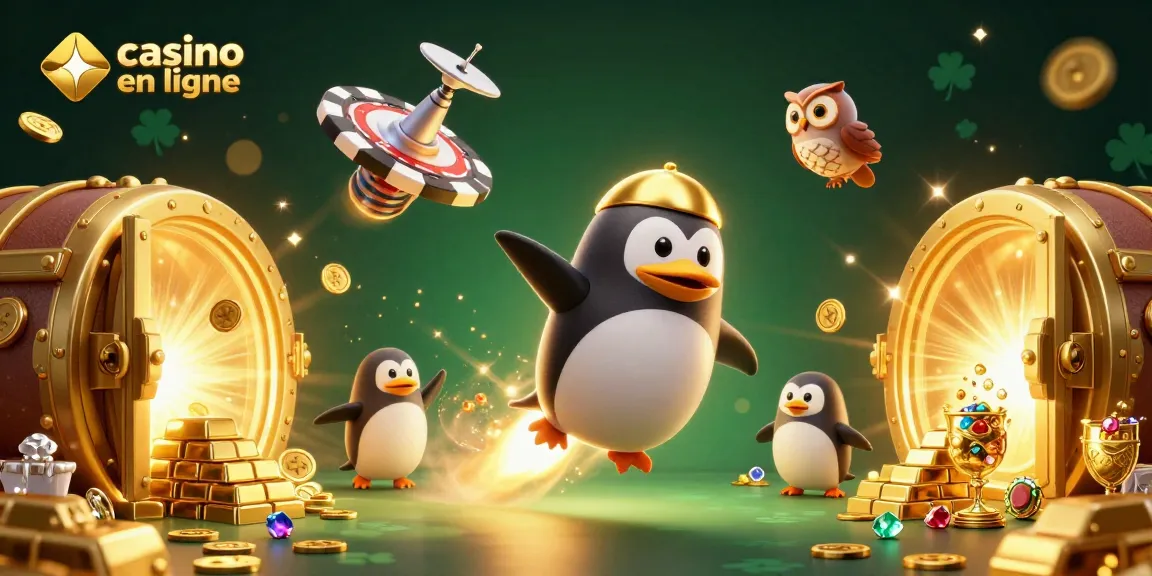 Le casino en ligne captivant avec un pingouin doré propulsé et des trésors scintillants volants.