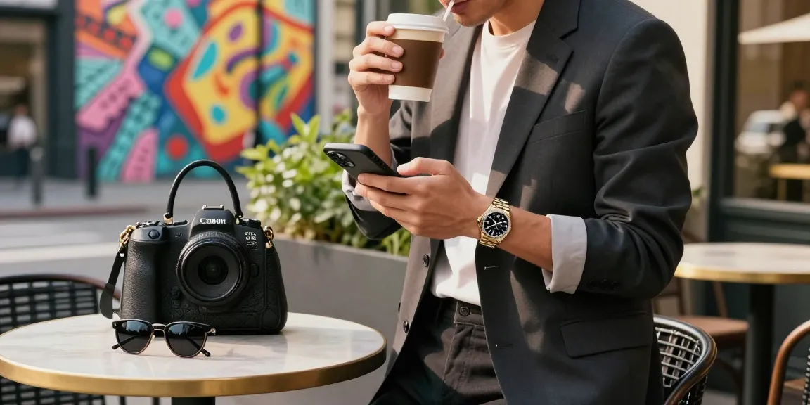 Fashionable individual in chic outdoor café wearing rolex super clone watches, surrounded by trendy accessories and city art.