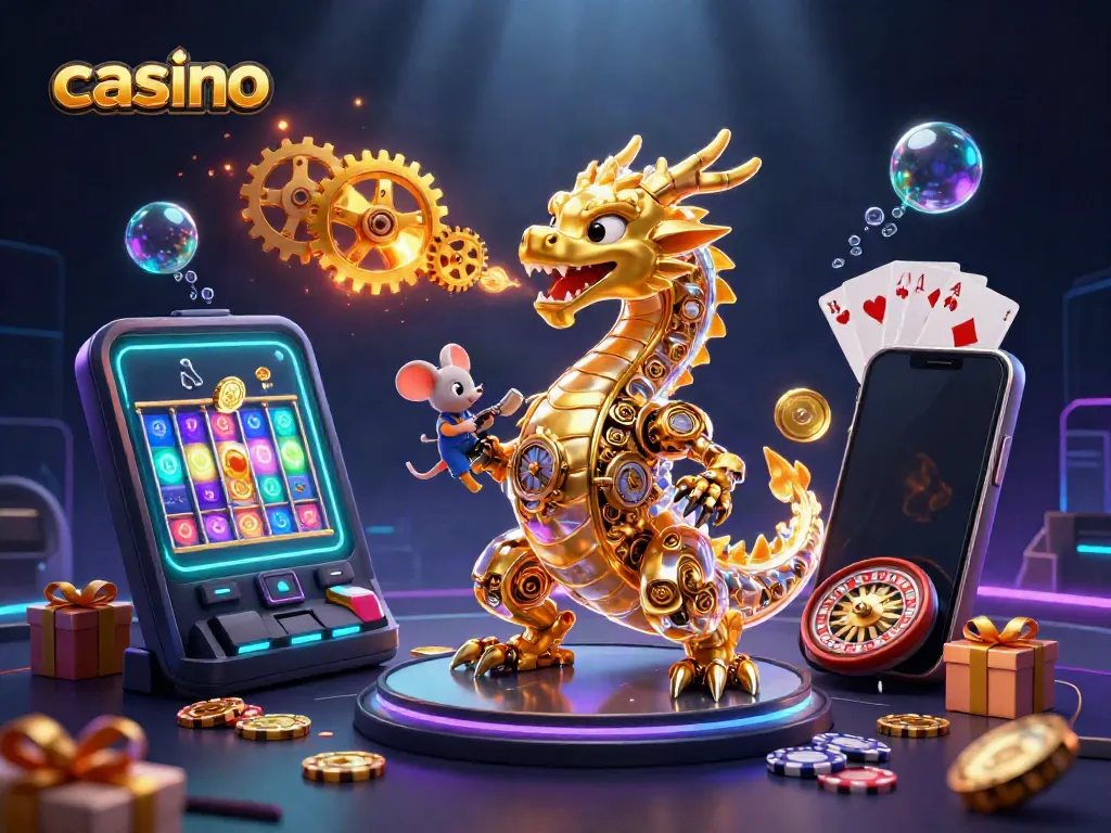Experience casino excitement with a golden dragon amidst colorful gaming elements, showcasing slots and cards.