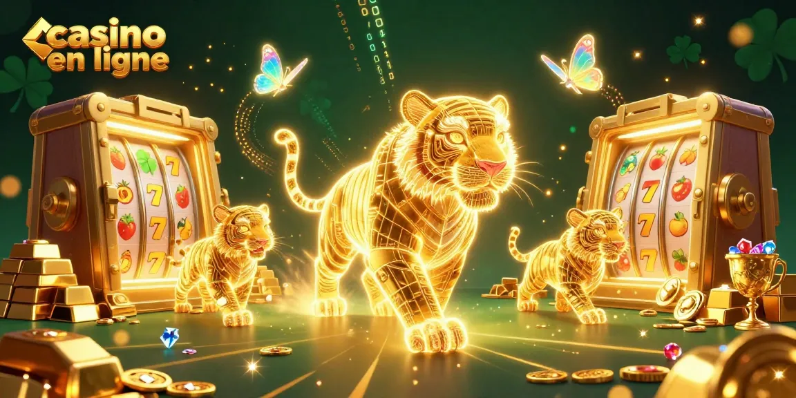 Plongez dans l'univers du casino en ligne avec une illustration captivante d'un tigre lumineux entouré de joyaux.