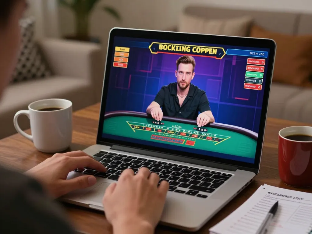 Player engaged with o8casino on laptop in a cozy home setting, displaying live dealer blackjack action.