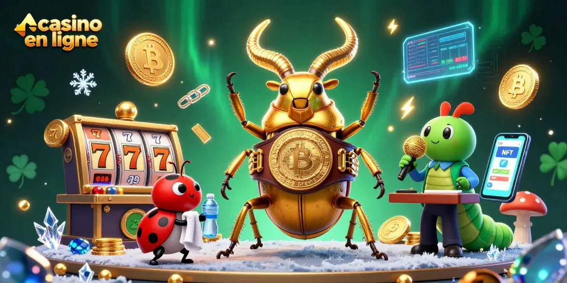 Casino en ligne : Illustration dynamique avec un scarabée géant et des éléments de jeux.