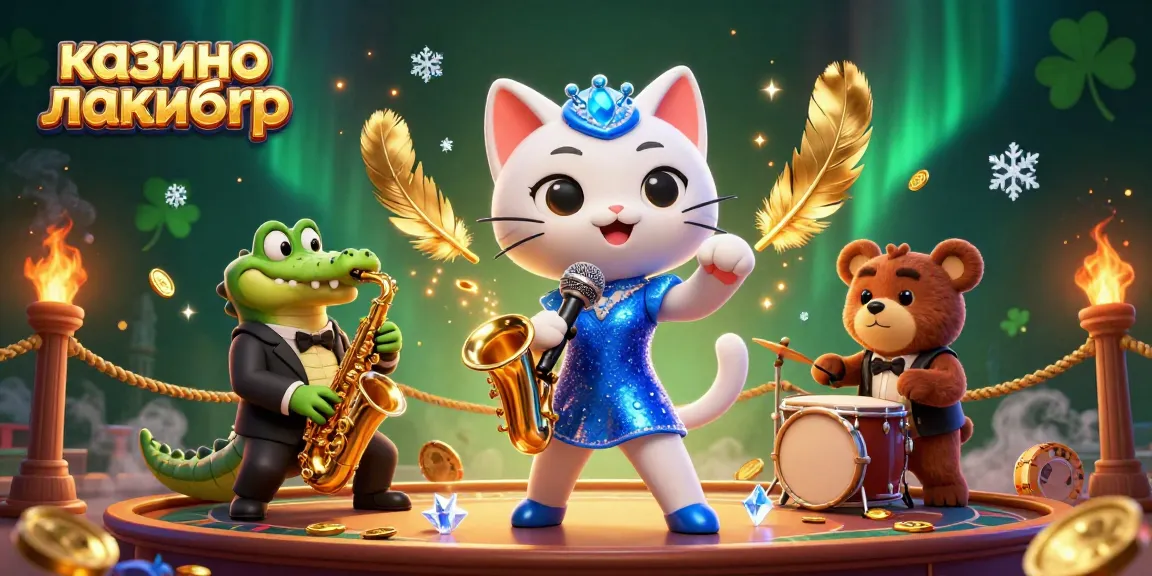 A dynamic casino scene featuring "казино лакибир" with a singing cat, sax playing crocodile, and drumming bear, filled with golden coins and vibrant energy