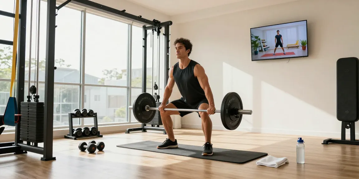 Astera Shop fitness scene with a dedicated athlete lifting weights in a bright home gym, embodying strength and motivation.