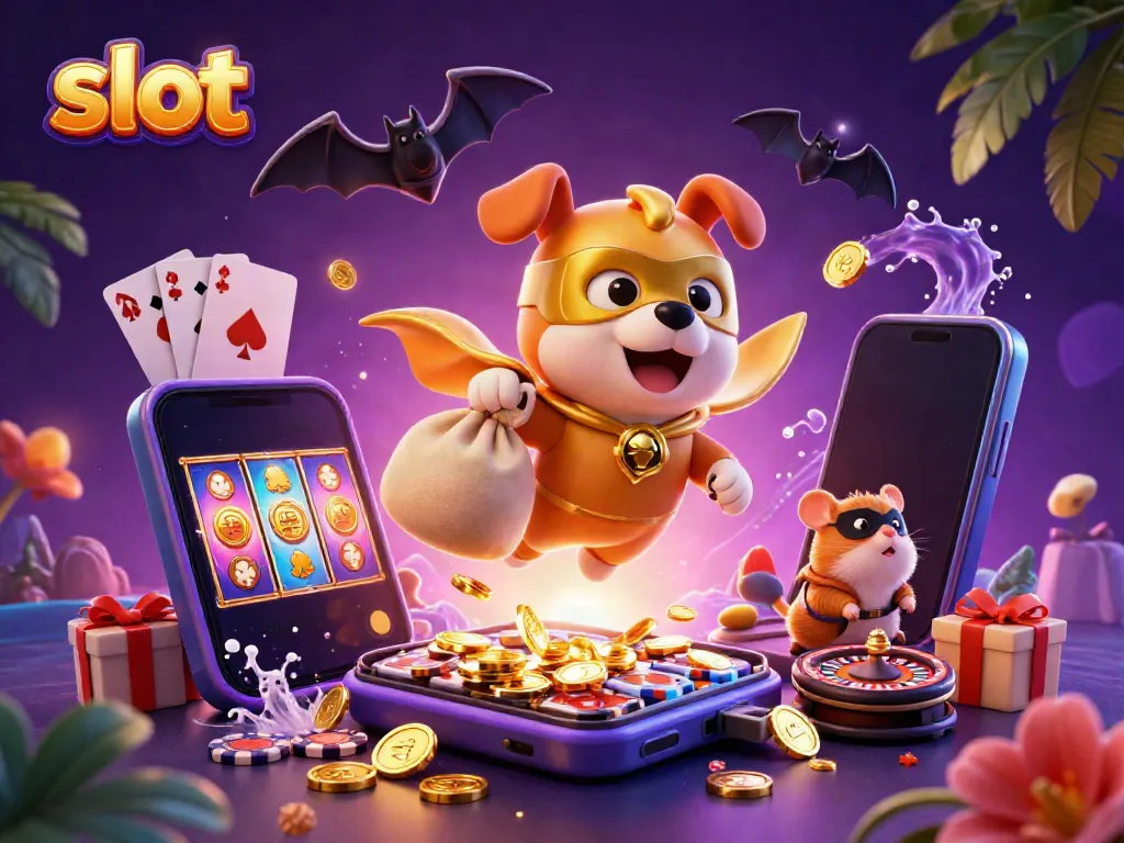 Mainkan slot online dengan simbol keberuntungan dan koin emas di latar belakang yang penuh warna.