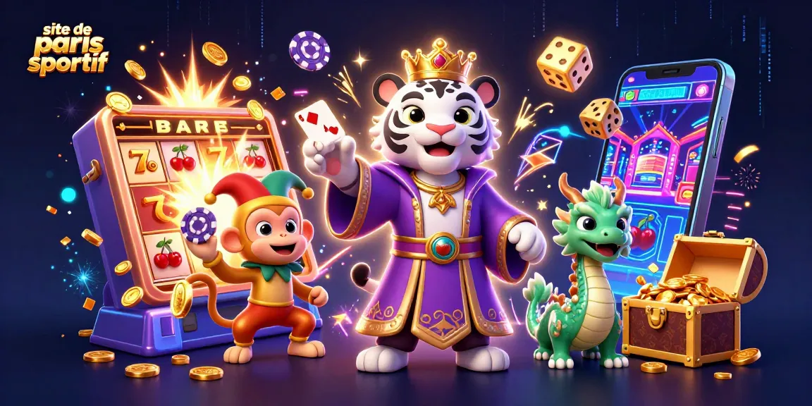 Le site de paris sportif avec un tigre en robe royale, un singe jonglant et un dragon, entourés de machines à sous et de jetons.