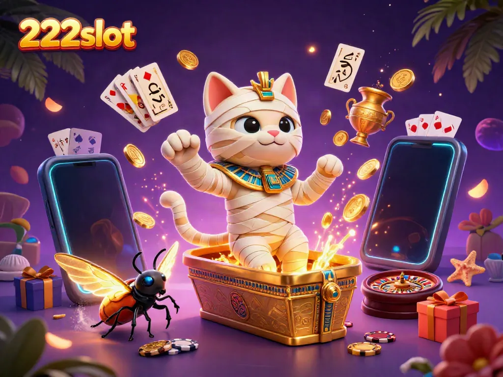 Mesin slot 222slot dengan karakter kucing mumi dan scarab dalam suasana kasino yang megah