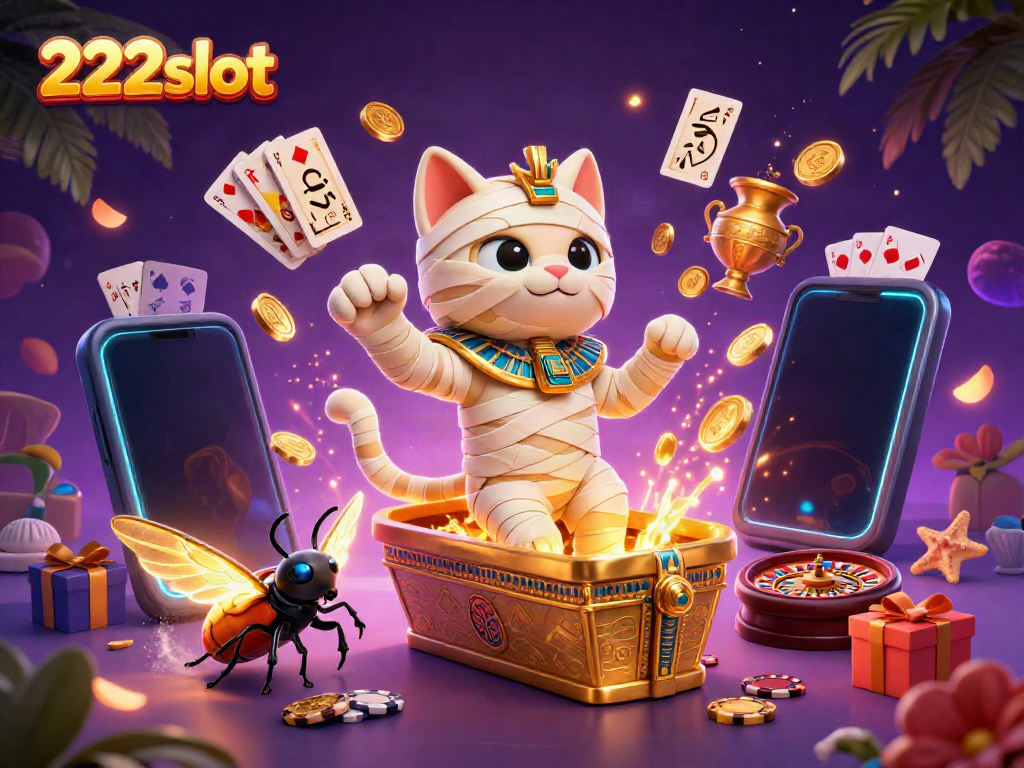 Mesin slot 222slot dengan karakter kucing mumi dan scarab dalam suasana kasino yang megah