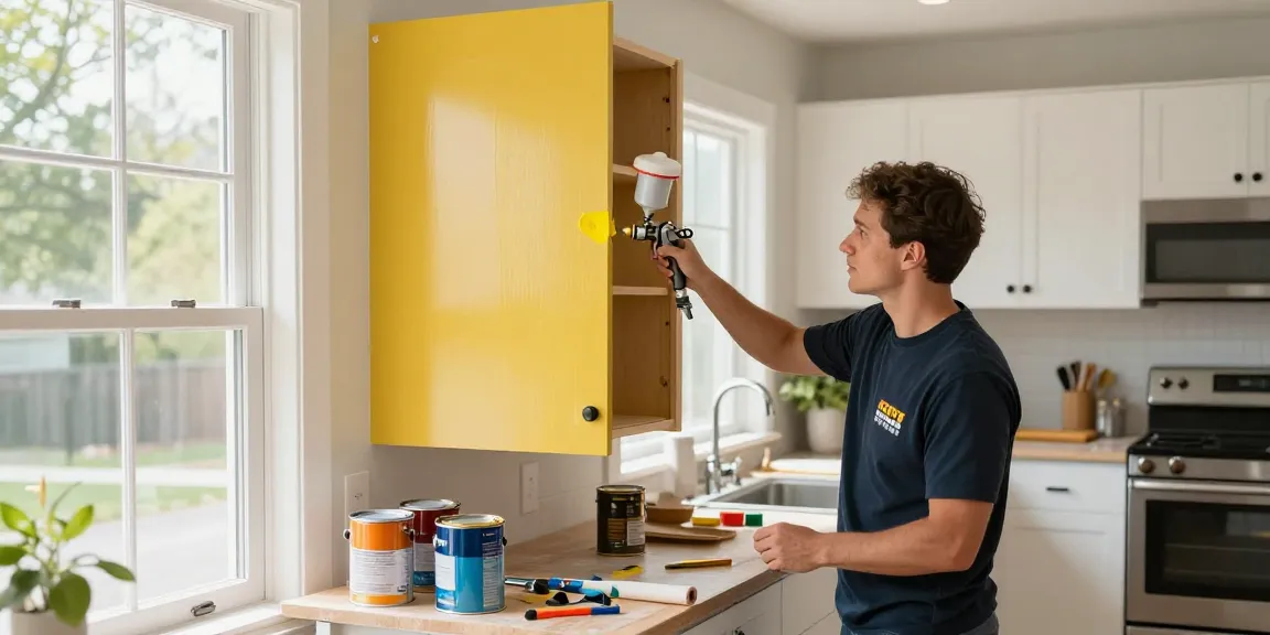 Cabinet painters Davidson County TN applying vibrant paint in a modern kitchen.
