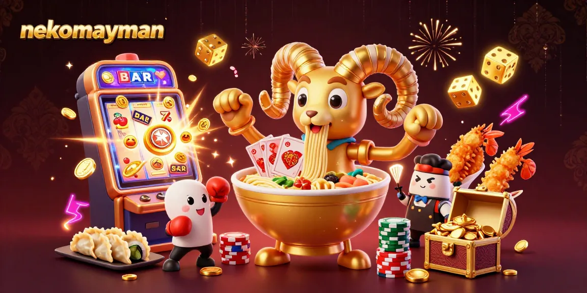 Engage in thrilling gameplay with nekomayman, a vibrant casino scene featuring a dynamic ramen bowl character.