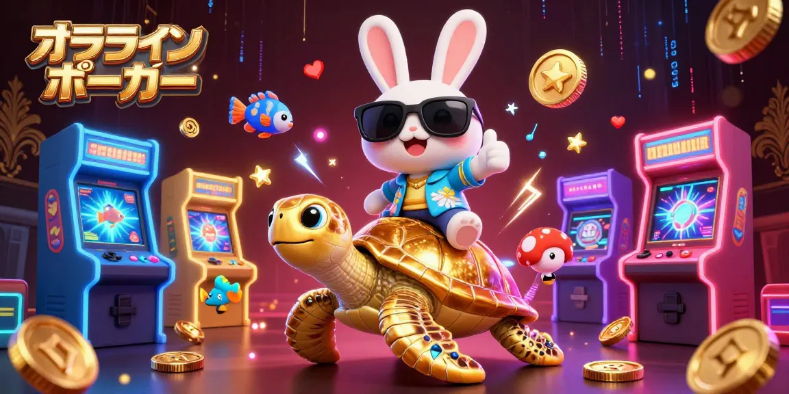 オンラインポーカーを楽しむかわいいラビットが金色のカメに乗っているイラスト