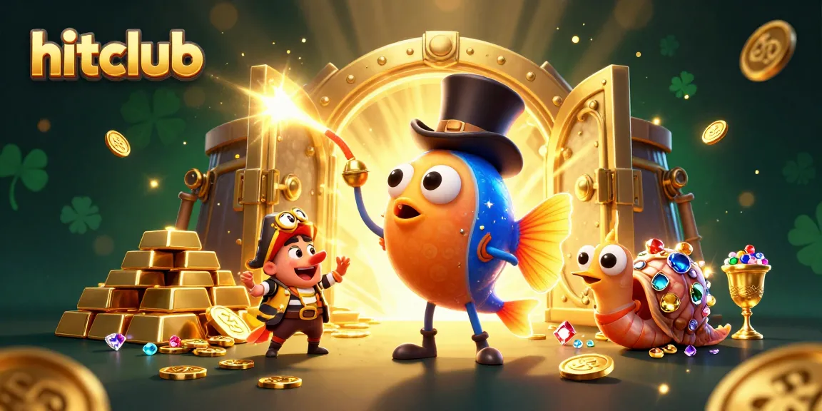 Spin and win with hitclub's treasure-themed illustration showcasing an anglerfish, shrimp, and snail in a rich gambling scene.