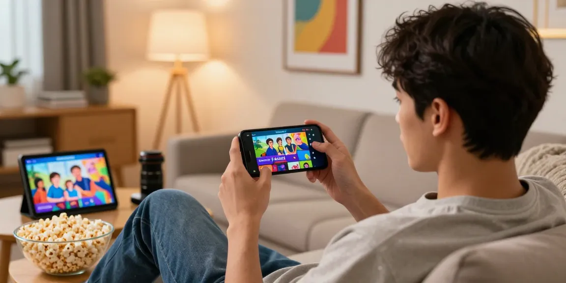 Youth enjoying the Pikashow APK on smartphone in a cozy living room setting, surrounded by snacks and entertainment props.