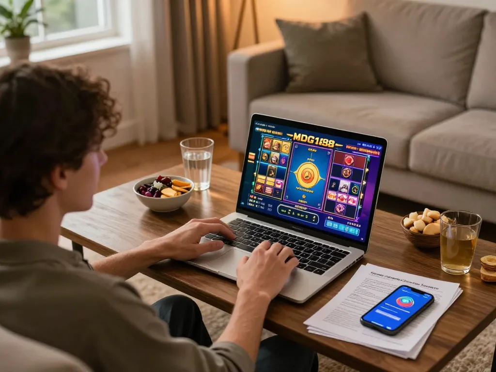 Playing MDG188 online slot game on a laptop in a cozy home setup with warm lighting and snacks